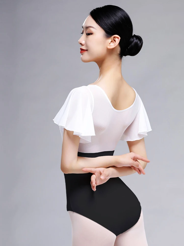 Tights ballet dance dress female practice net gauze lotus leaf small flying sleeve high hip body dance jumpsuit adult yoga