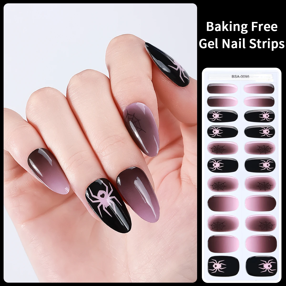 22Tips Halloween Bake Free Gel Nail Stickers Black and Pink Spider Web Self-Adhesive Gel Nail Strips for Manicure Decoration