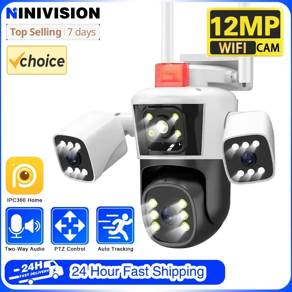 

12MP 6K WiFi Security CamerasThree Lens Two-Way Audio Outdoor PTZ Video IP Camera Auto Tracking 6K Waterproof Surveillance Cam