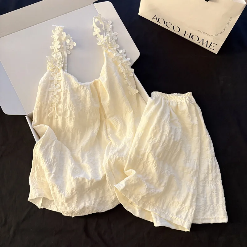 

Summer New Women's Strap with Chest Mat Pajama Home Clothes Set Solid Color Loose Strap Shorts Pajama Pajama Two Piece Set