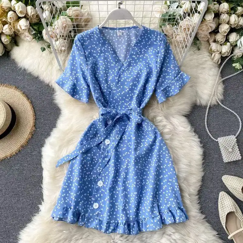2025 Summer Beach Mini Dress Women Floral Print Boho Long Dress Ruffles Wrap Casual V-Neck Split Sexy Party Dress Robe Femme