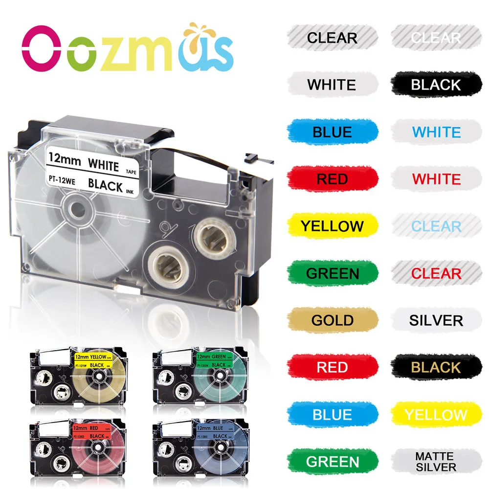 12mm Compatible Casio Label Tape XR12WE XR12X XR9WE XR9X XR6WE XR18WE for Casio Label Printer KL-60 KL-60SR KL-120 KL-100 KL-200