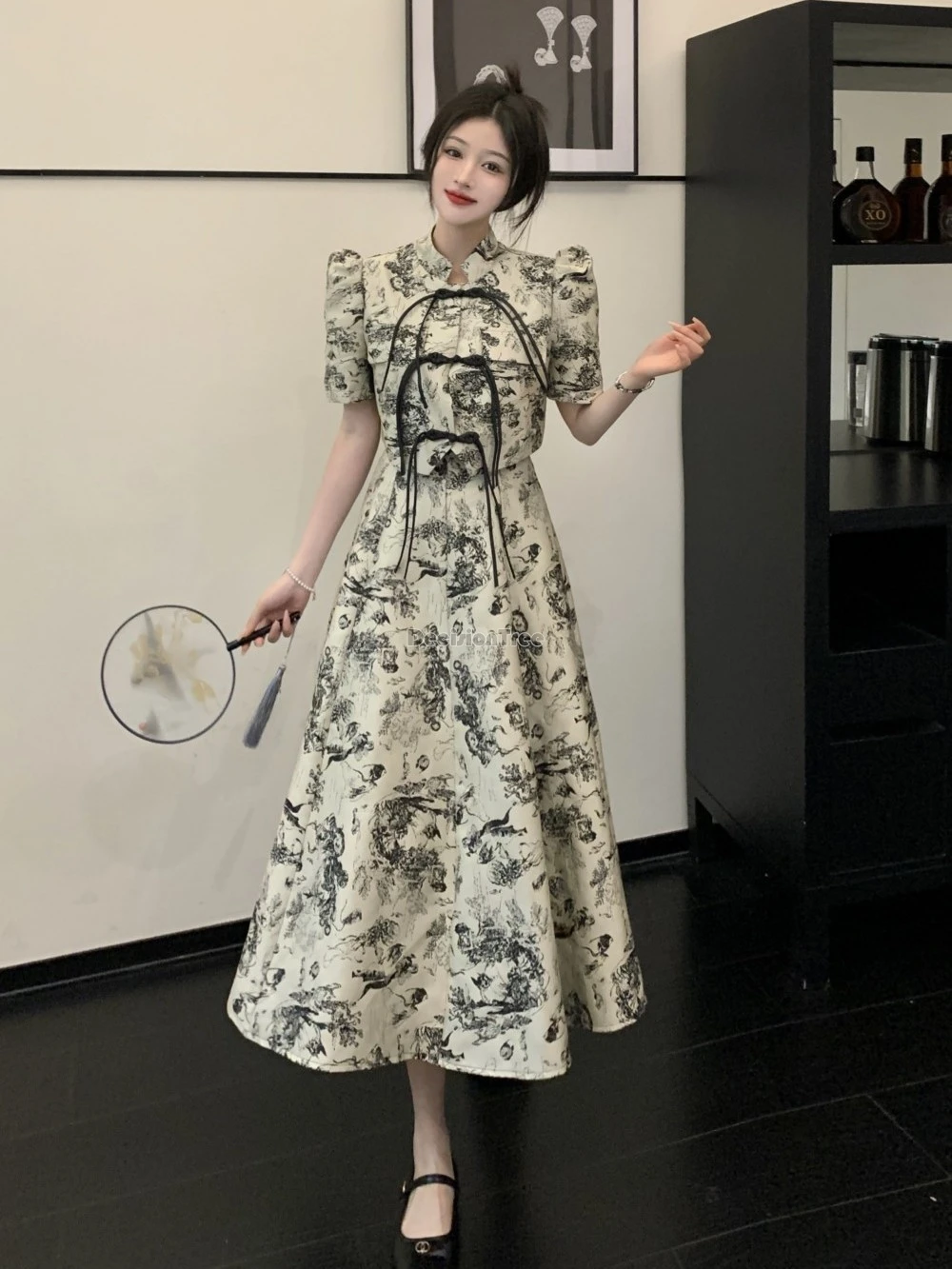 

2024 chinese ethnic ink printing temperament set graceful two piece fashion women's cheongsam set new vintage dainty slim suit