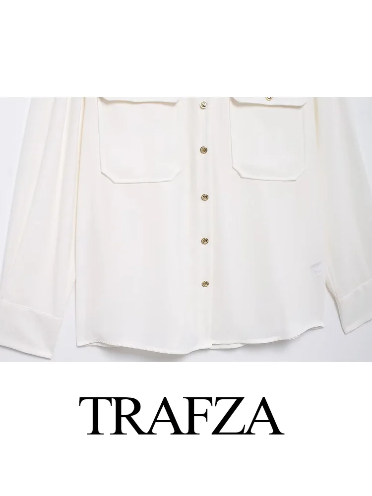 TRAFZA-Chemisier à Manches sulfet Col Rabattu pour Femme, Chemise à Boutonnage Simple avec Poches, Couleur Unie, Décorer, Initié au Printemps