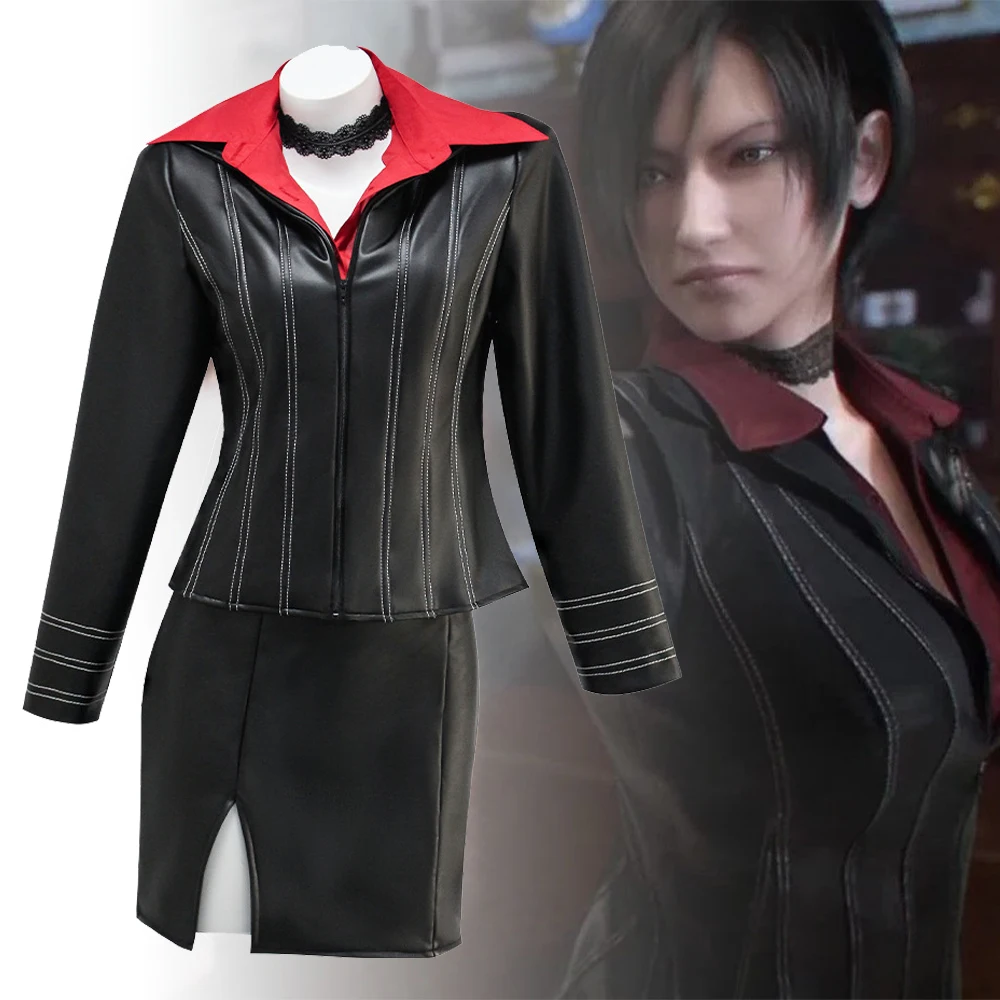 

Movie Biohazard Resident Damnation Ada Wong Cosplay Costumes Black Faux Leather Jacket Skirt For Women