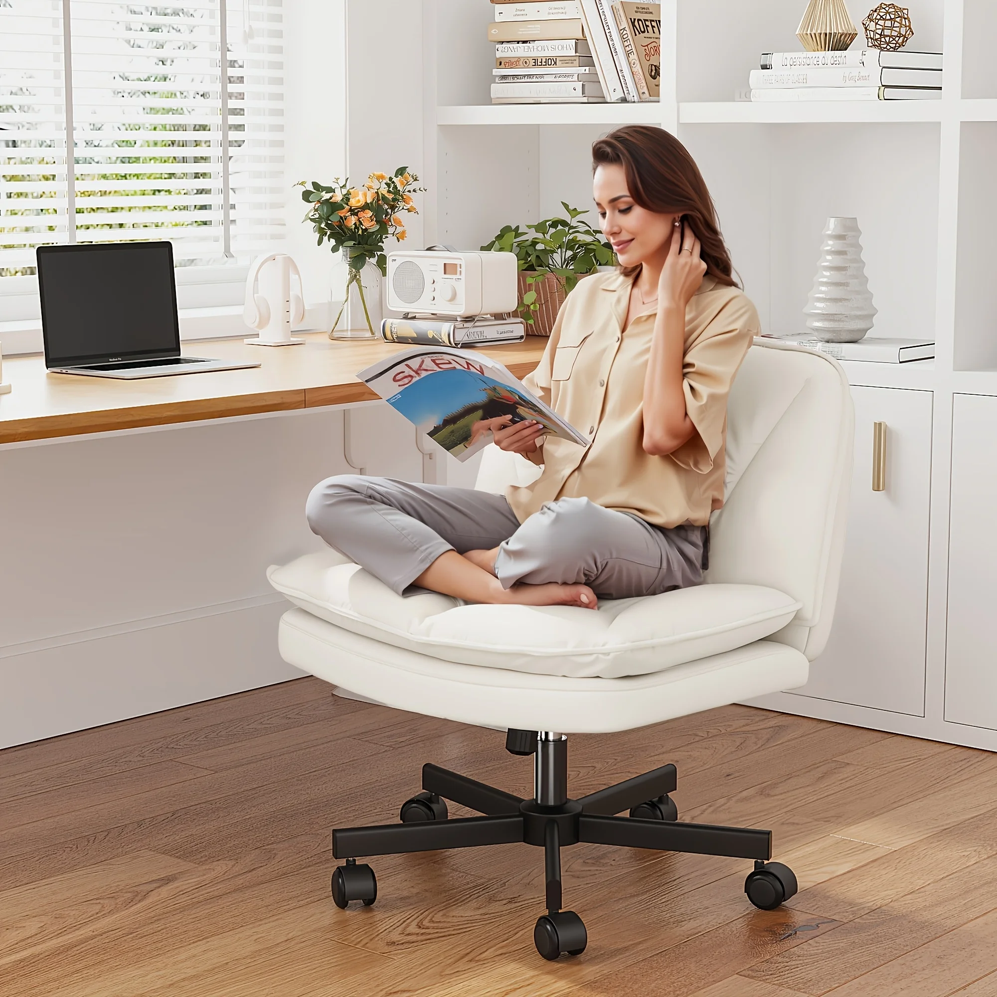 

27" W Criss Cross Chair With Wheels, Cross Legged Office Chair, Comfy Vanity Chairs With Wheels And Back, Swivel Armless