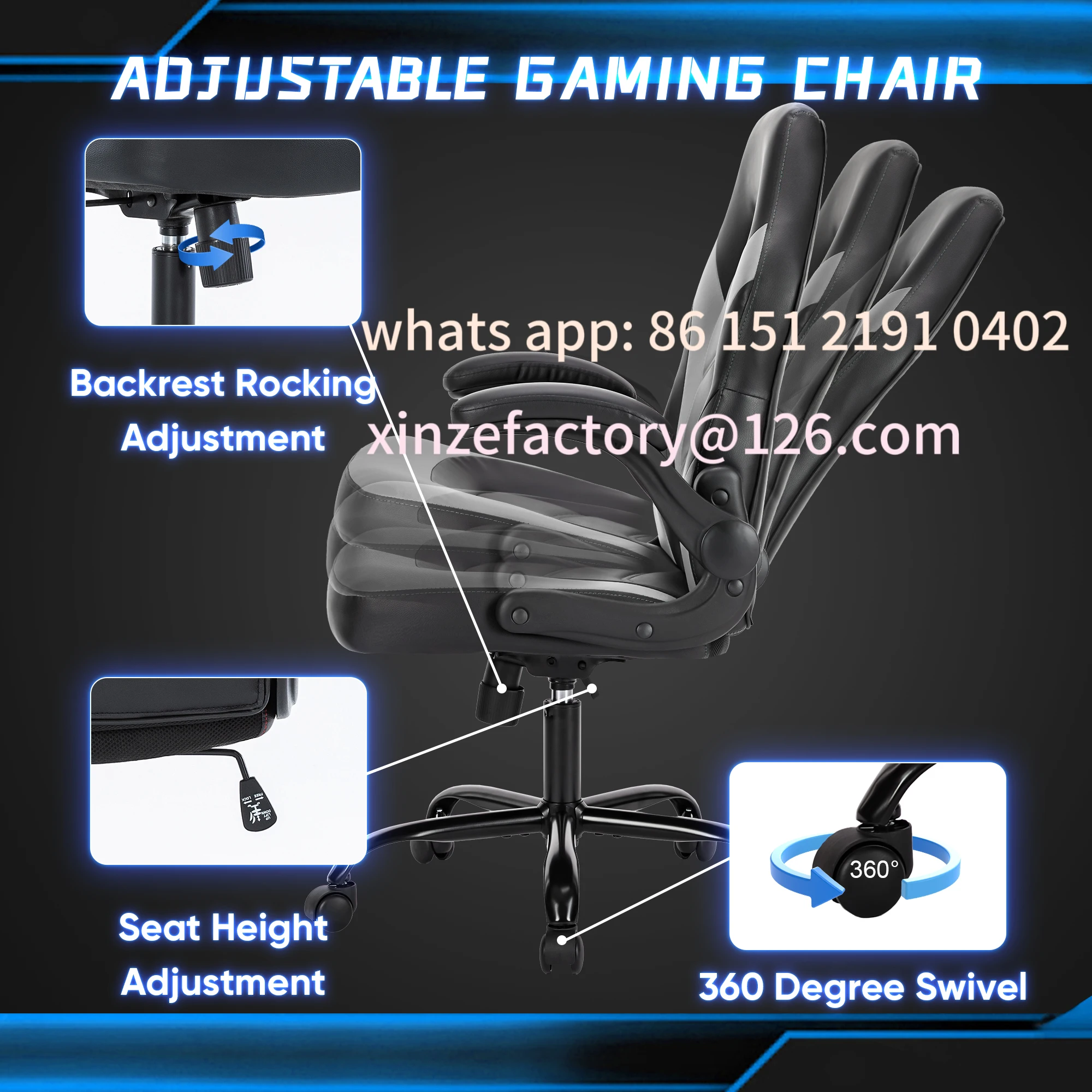 Silla de escritorio para juegos en casa, ergonómica, personalizable, JHK, para ordenador de oficina, silla de carreras de cuero PU ajustable, reposabrazos abatible para Navidad