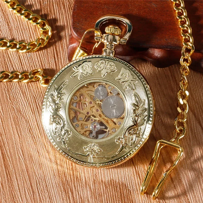 Yellow Gold Pocket Watch Unisex Handwind Mechanical Watches Skeleton Clock Open Face with Pendant Chain Relgio De Bolso
