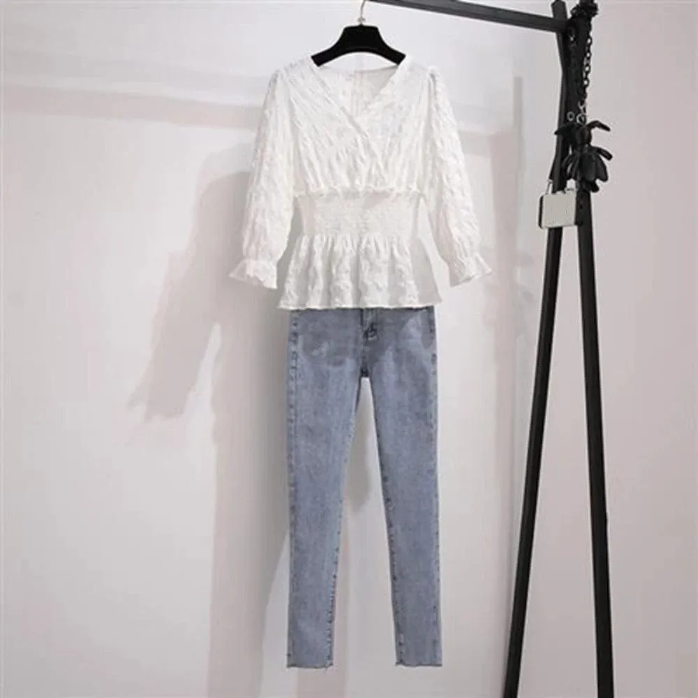 Fashion V-neck Chiffon Thin Shirt Slim Fit Solid Color Chiffon T Shirt Women Ruffled Edge Long Sleeve Ladies Tops Streetwear