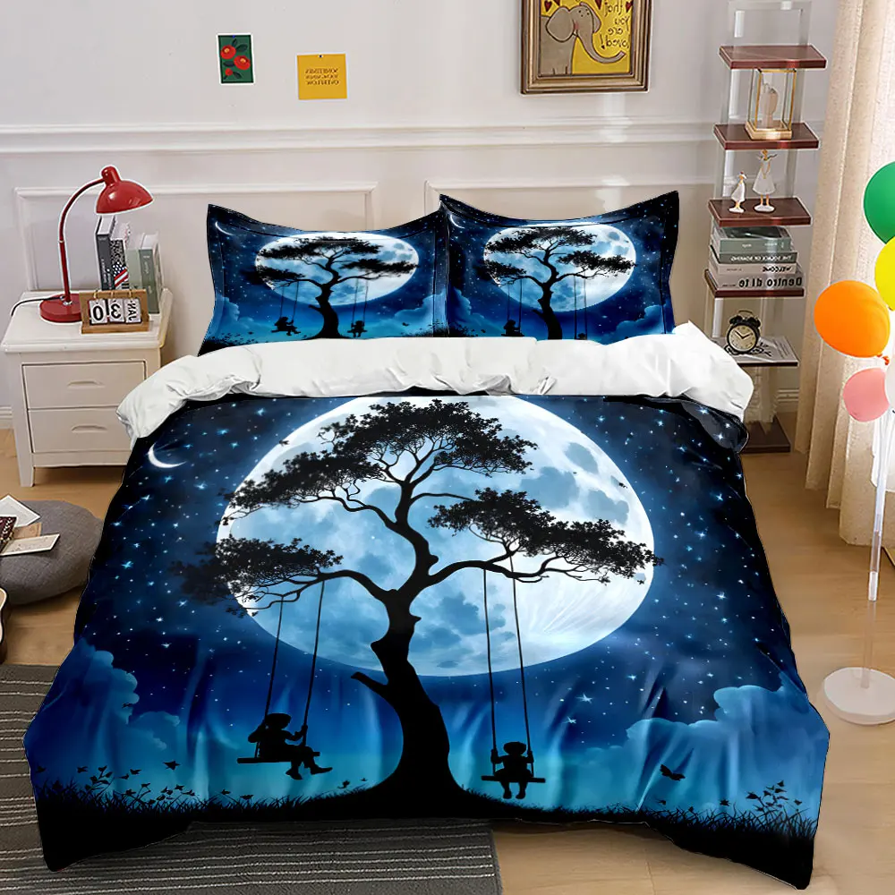 

Children Swinging Under Moonlit Night Printed Duvet Cover Set 1 Duvet Cover+2 Pillowcase Multi Size Bedroom Bedding Decor