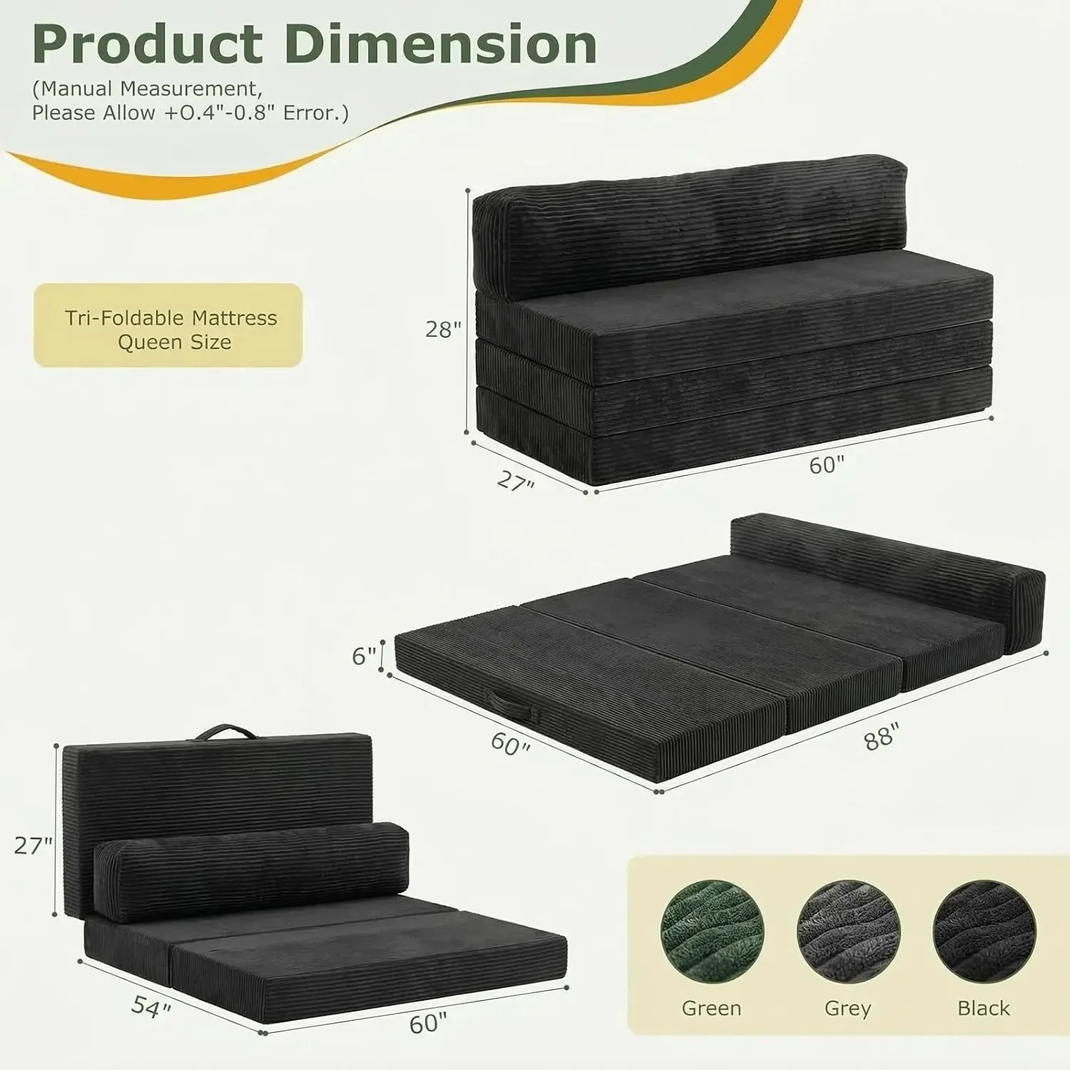 6 inch Tri-Folding Mattress Queen Futon Sofa Bed, Convertible Foldable Mattress Foldable with Removable Cushions & Washable Cove