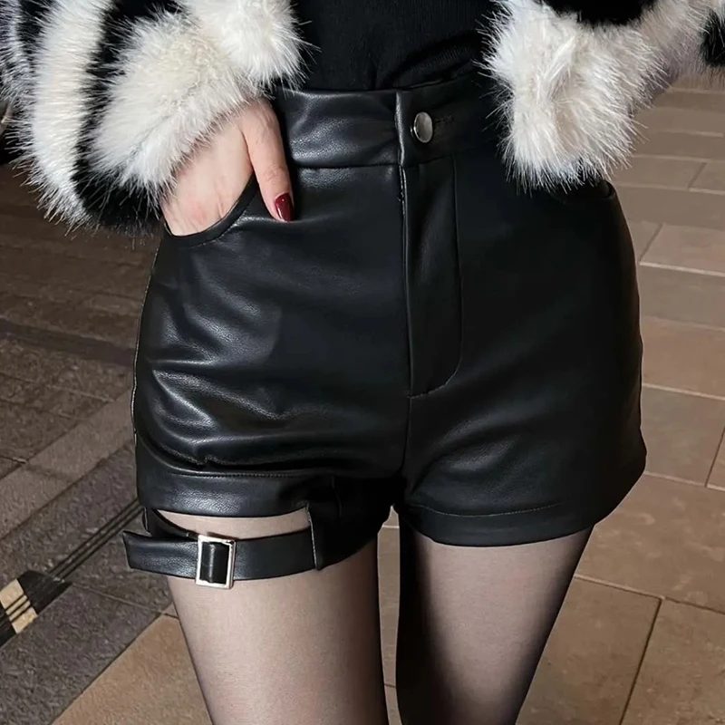 High Waist Shorts For WomenPU Leather Versatile Hot Shorts Hollow out Buckle Slim Sexy Shorts