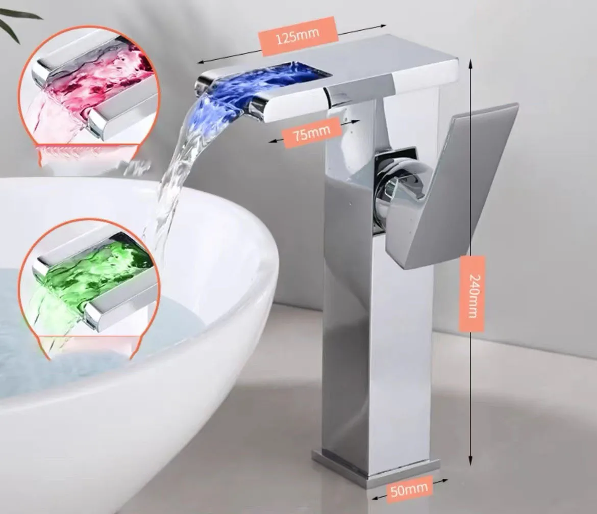 

LED Faucet Single Handle Waterfall Faucet Hot and Cold Color Changing Mixer Tap Square Wash Basin Bathroom Cabinet Faucet