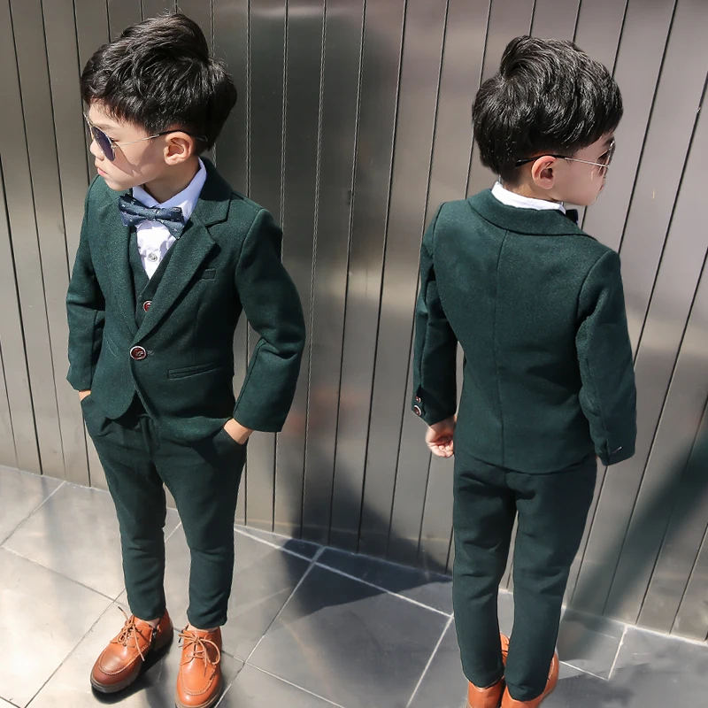 Boys Dark Green Formal Wedding Party Suit Children Blazer Vest Pants Tie Tuxedo Dress Kids Performance Photography Costume