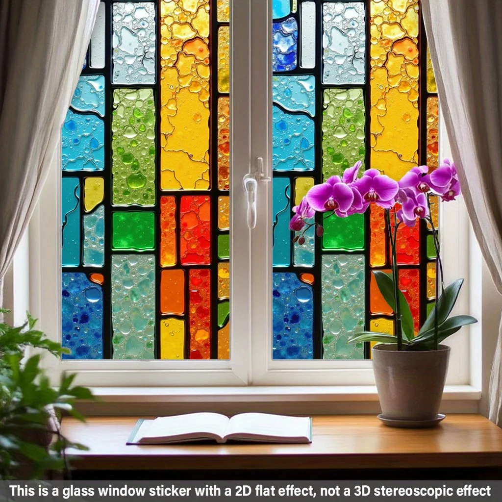 Vintage Checkered Window Film, Size: 100×45cm, Multi-color Square Stained Glass Texture, Translucent & Vivid Hues
