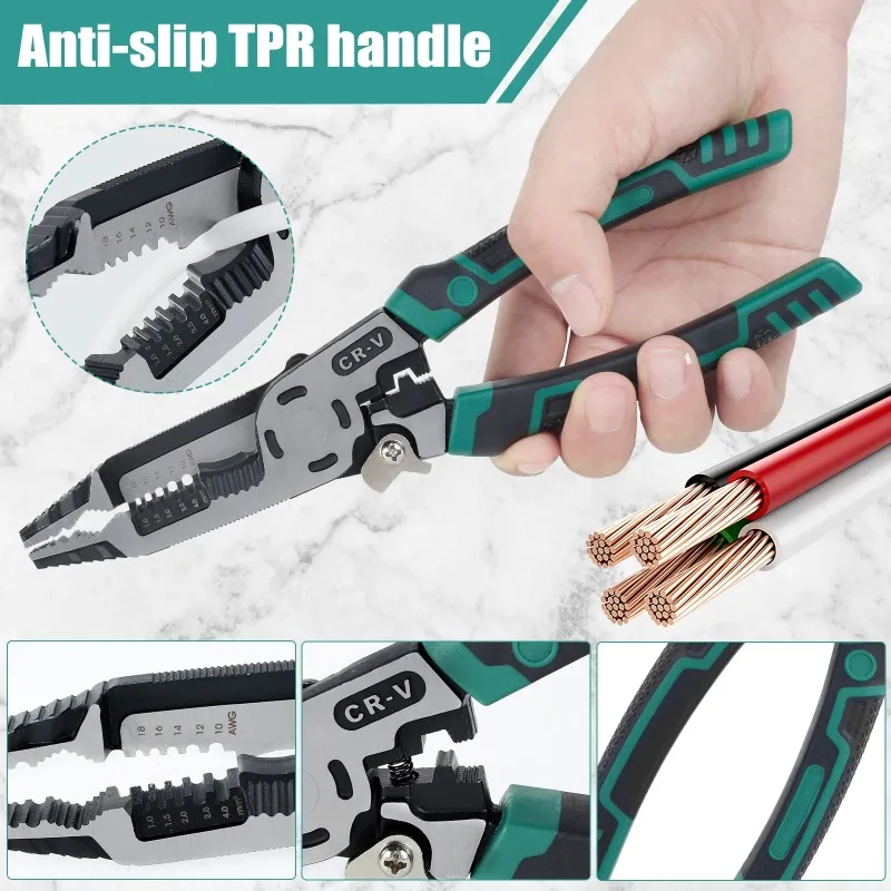 BIESUO 10 IN 1 Wire Stripper HCS Multifunctional Pliers Wire Crimper Cutting Crimping Deburring Tool for Electrician Household