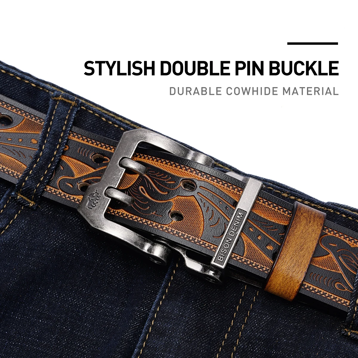 BISON DENIM Genuine Leather Cowhide Men Belt Vintage Waist Strap Fashion Double Pin Buckle Male Best Gift Casual Belts for Jeans