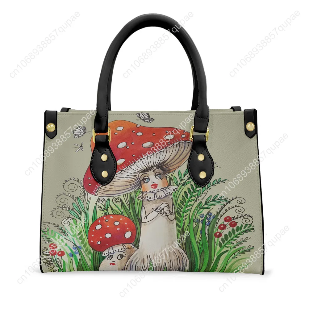 Cute Mushroom Print Tote Bag Purse Womens Mens Personalized Text Image PU Leather Handbag Business Shopping Gift Bags