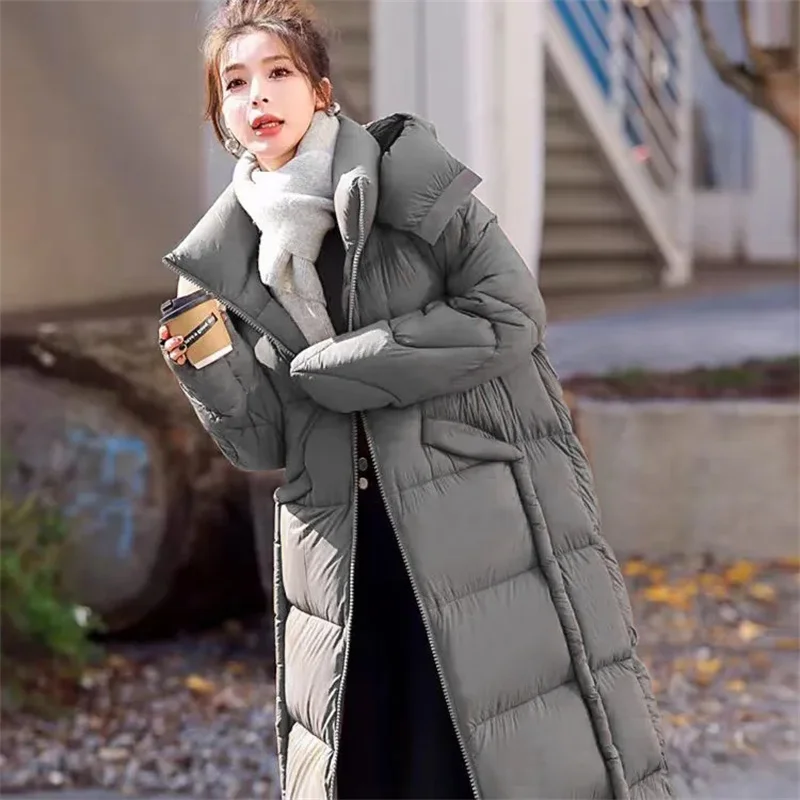 2025 neue Winter Parkas Lange Daunen Gepolsterte Jacke Weibliche Koreanische mode mit kapuze dicke Warme Baumwolle Outwear frauen Lose mantel