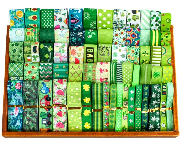 Green Series 12yards Random Pattern Random Size Material Ribbon for Cheer Bows DIY Girl Hair Bows