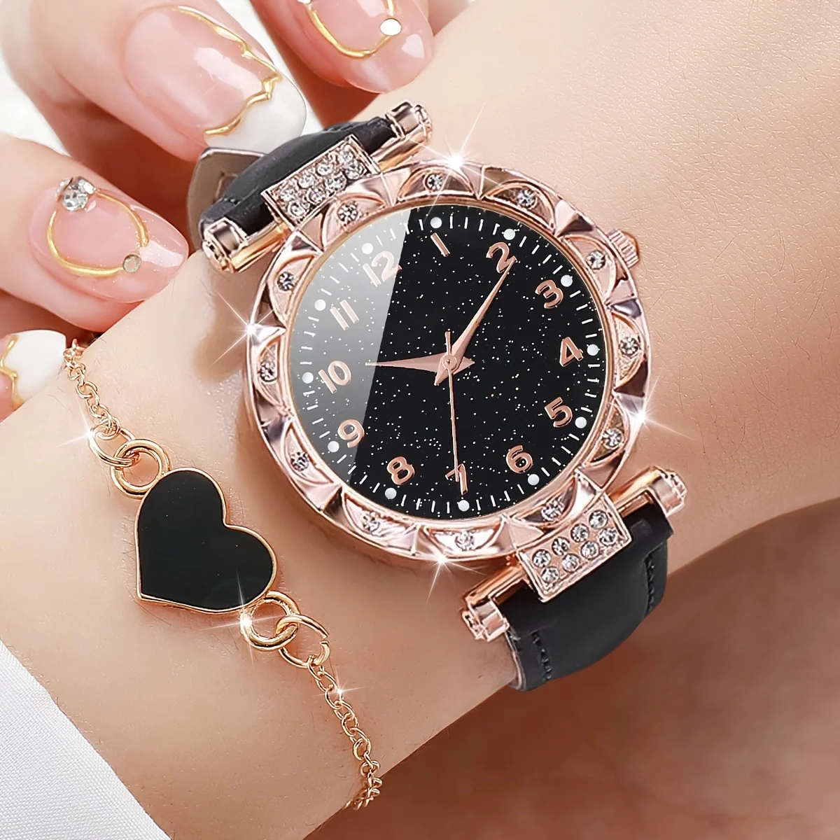 

2PCS/Set Shimmering Rhinestone Womens Watch & Heart Bracelet Duo - Quartz Analog Timepiece with PU Leather Strap