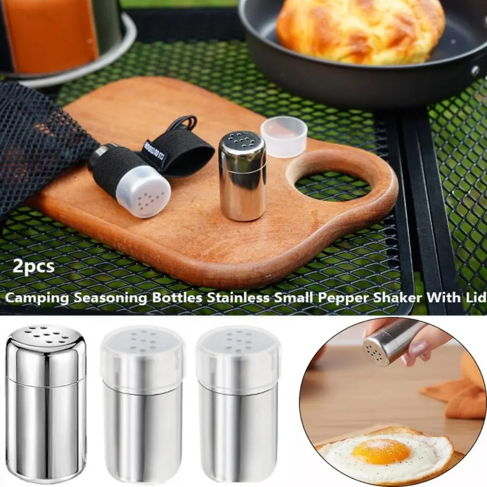 2pcs Stainless Camping Seasoning Bottles Small With Lid Pepper Shaker With Storage Bag Outdoor Cooking Tools