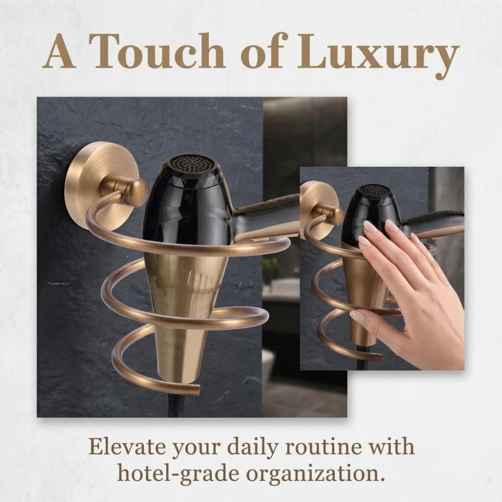 Brass Hair Dryer Holder Yellow Bronze Wall Mount Hair Dryer Rack Rust-Resistant Antique Design Hair Dryer Wall Rack