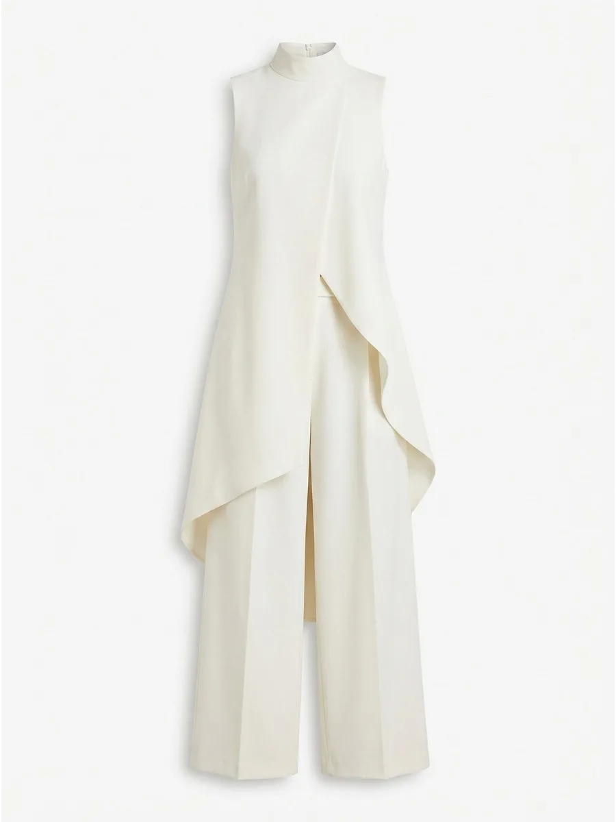 

Missuoo Women's White Mock Neck Sleeveless Layered Asymmetric Long Shirt Top & Wide Leg Cropped Pants Elegant Pant Sets