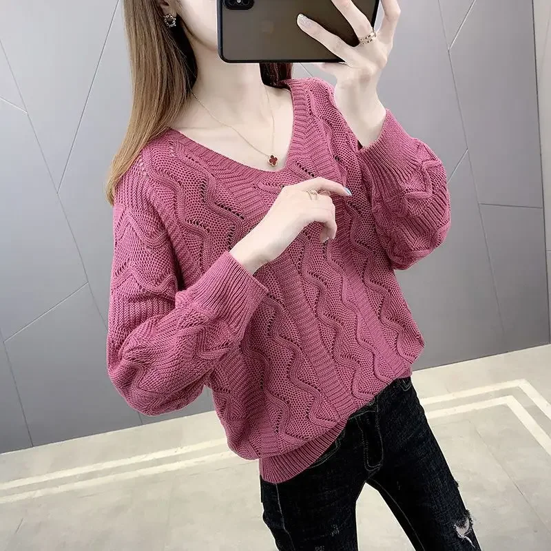 

Women's Autumn Winter V-Neck Pullover Hollow Out Solid Screw Thread Lantern Long Sleeve Sweater Knitted Undershirt Casual Tops