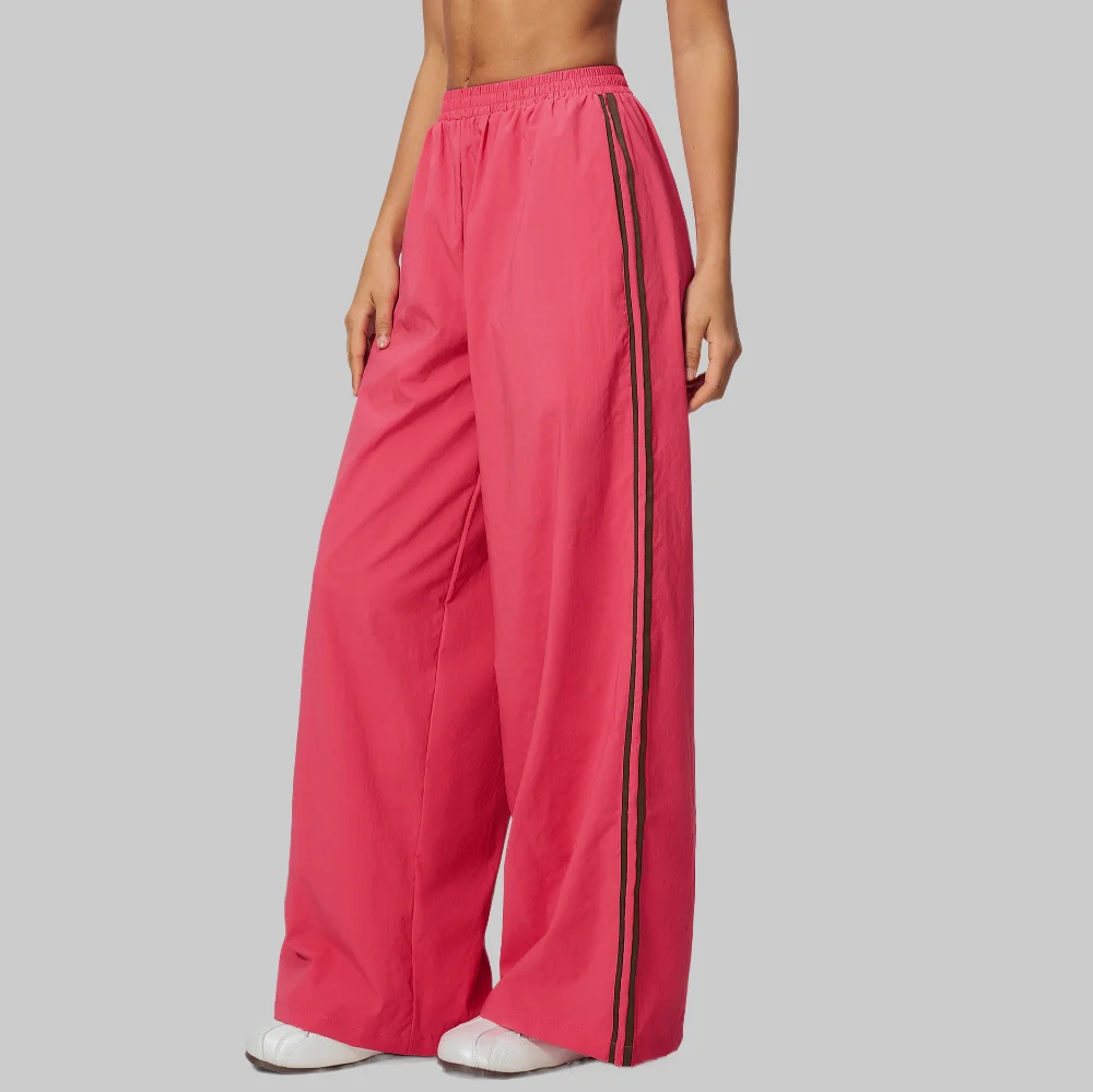 Women Yoga Pants Wide Leg Sweatpants High Waist Loose Baggy Lounge Trousers Side Stripe Pockets Quick Dry Gym Workout Pink Solid