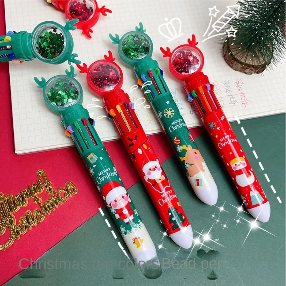 12 Pcs Cartoon Christmas Ten-color Ballpoint Pen Press Color Oil Pen Student Multi-function Writing Supplies