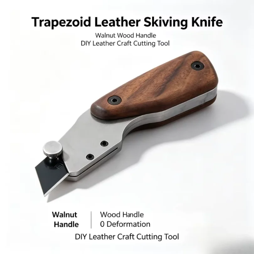 Trapezoid Leather Skiving Knife with Walnut Wood Handle for DIY Leather Craft Cutting Tool 0 Deformation 0 Shaking