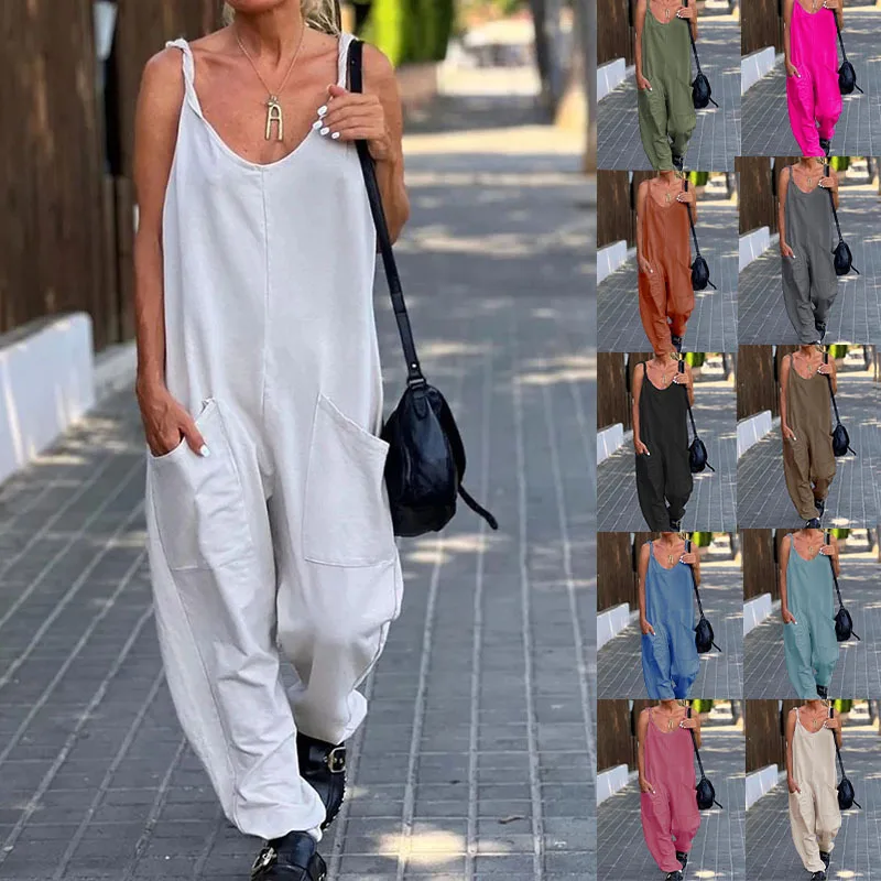 Linen Ladies Bib Pant Suspender Trousers Loose Casual Female Women One-Piece Wide Leg Romper Overalls Strap Jumpsuits Streetwear