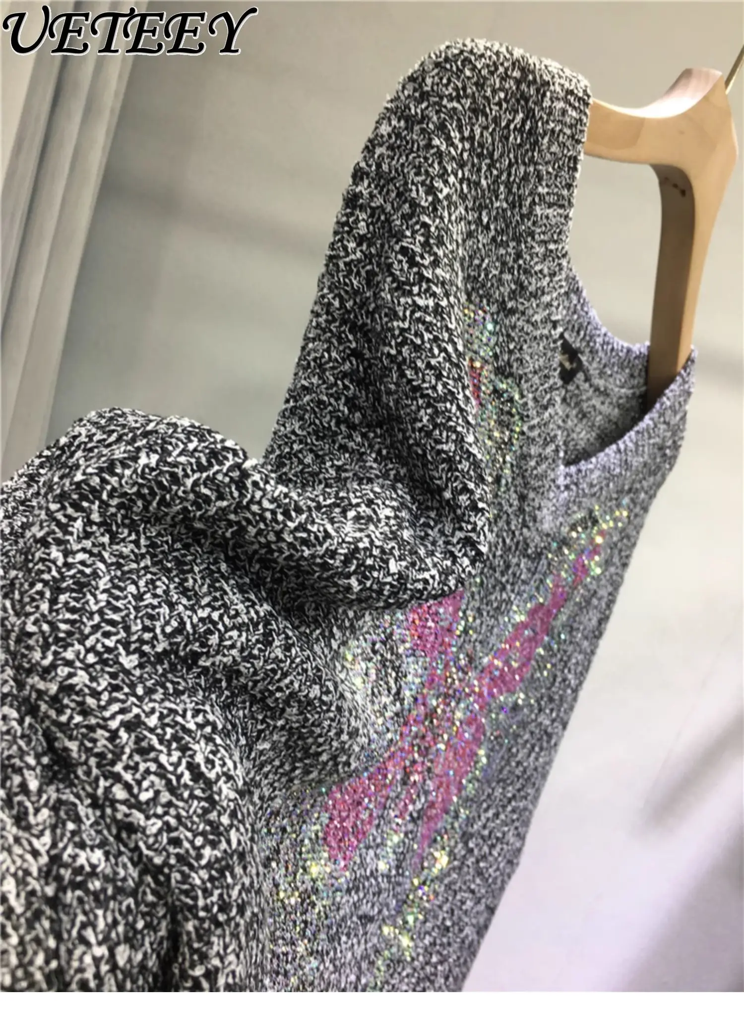 

Autumn Winter Trendy Heavy Rhinestone Women Loose Mid-Length Pullover Slimming V-Neck Outerwear Long Sleeve Knitted Sweater