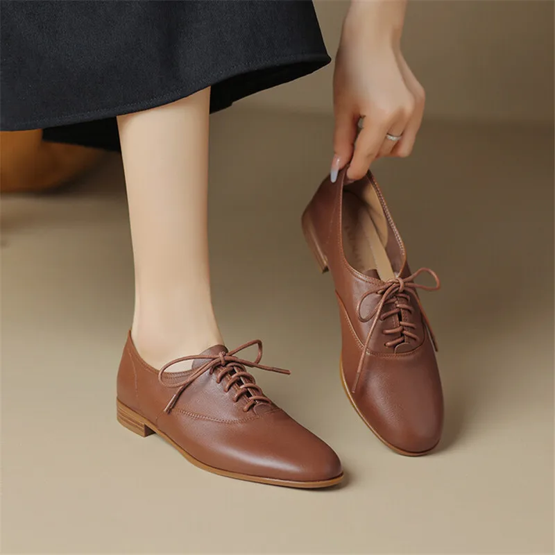 New Genuine Leather Lace Loafers Spring/Autumn Round Toe Chunky Heel Women Pumps Shoes for Women Ladies Shoes Comfort Low Heels