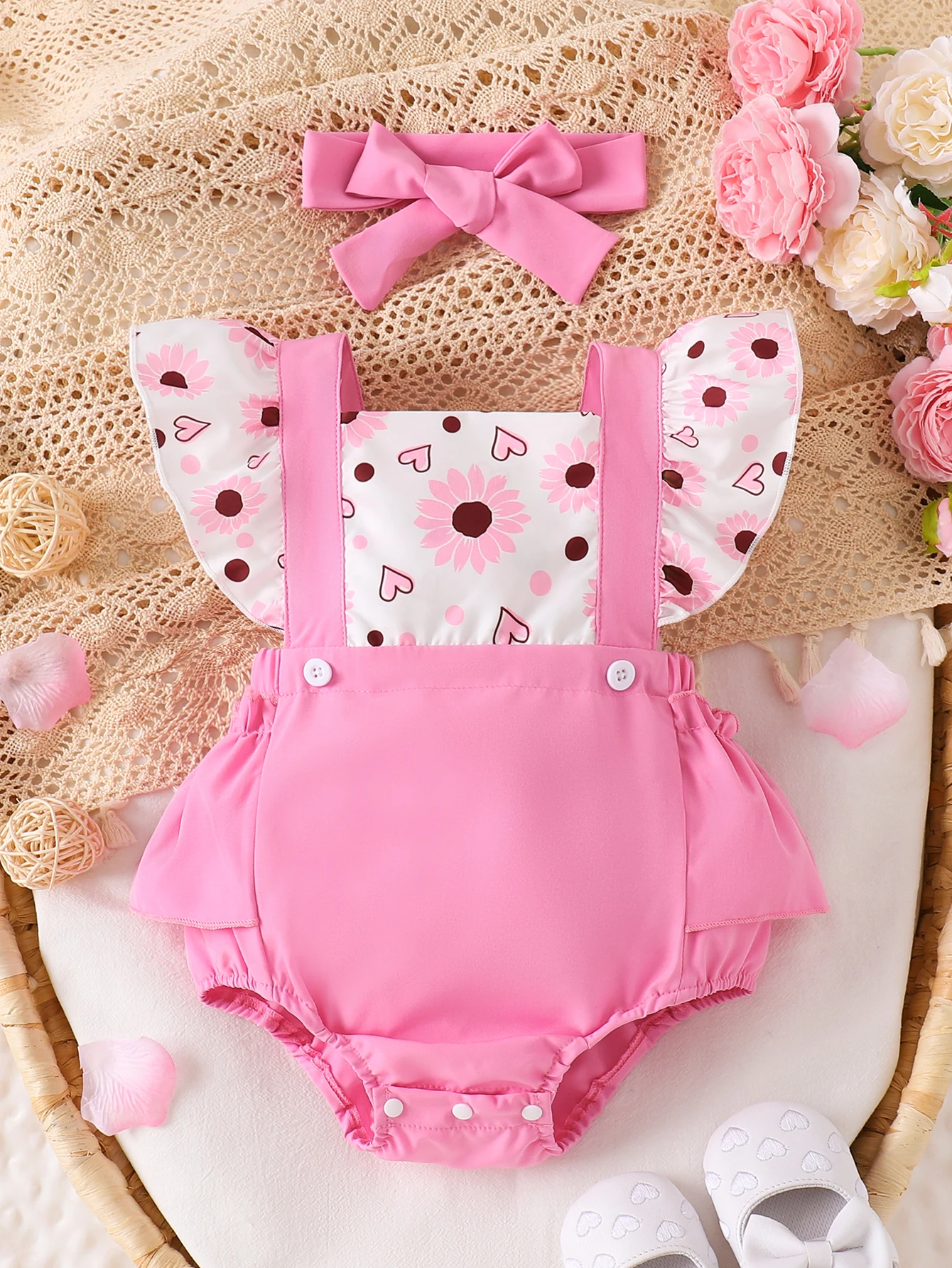 Sweet Style Sunflower Heart Print Flutter Sleeve Suspender Romper Headband Two Piece Set