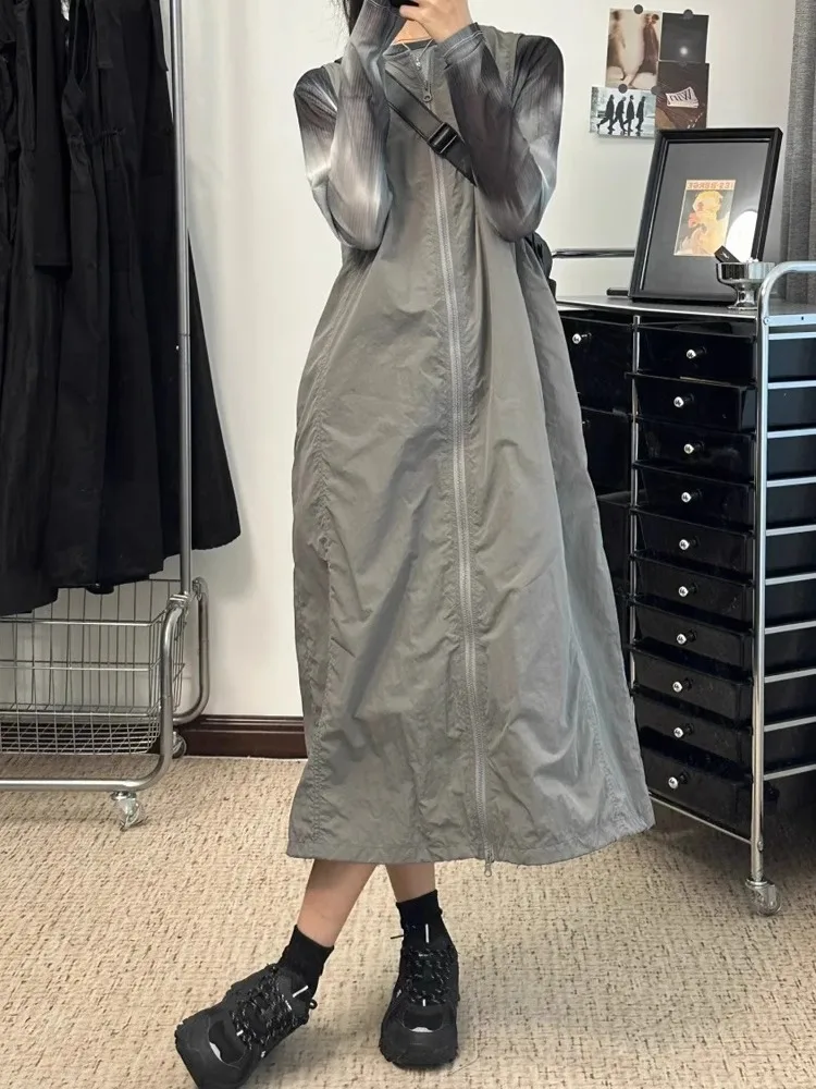 Grey Workwear Vest Skirt Women's plus Size Slimming Design Zipper Quick Dry Strap Dress Functional Style A-Line Summer Dress