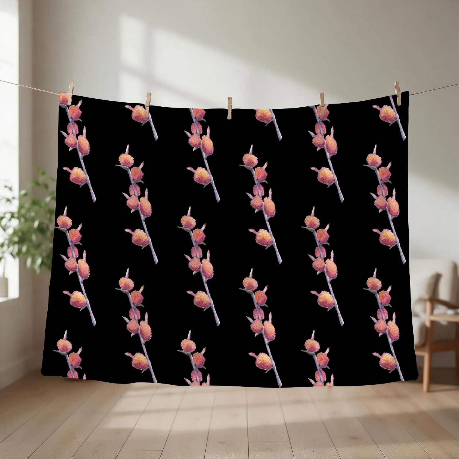 Canna Lily Seed Pod Watercolor Painting with Black Background Throw Blanket couch cozy soft plush fuzzy picnic outdoor blanket