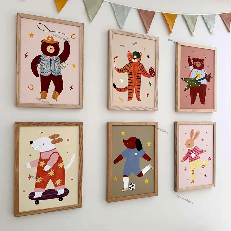 Funny Cartoon Animal Nursery Wall Art Canvas Painting Bear Tiger Rabbit Mouse Dog Posters & Prints Pictures Baby Kids Room Decor