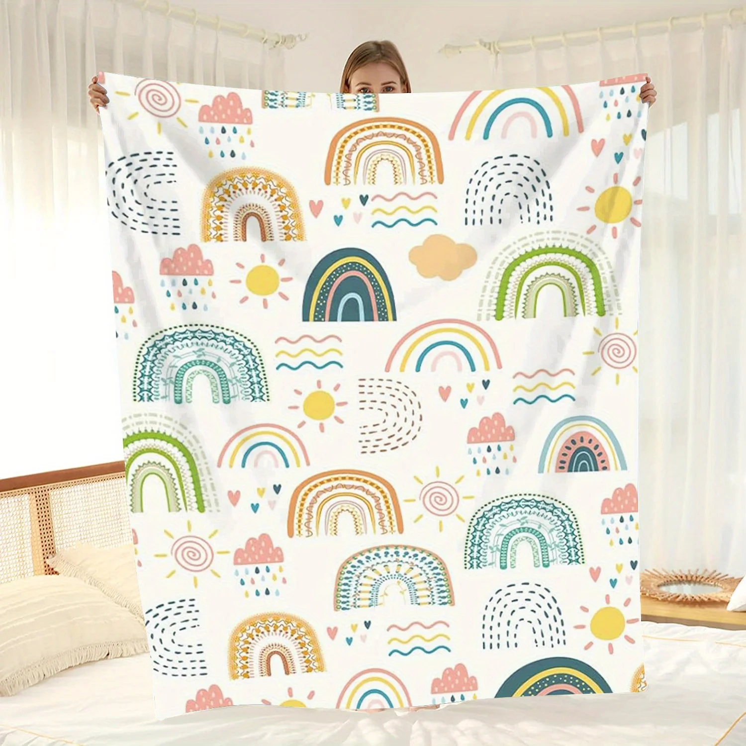 

1pc Colorful sun and cloud pattern blanket, polyester fabric, machine washable, suitable for bedroom and living room decoration