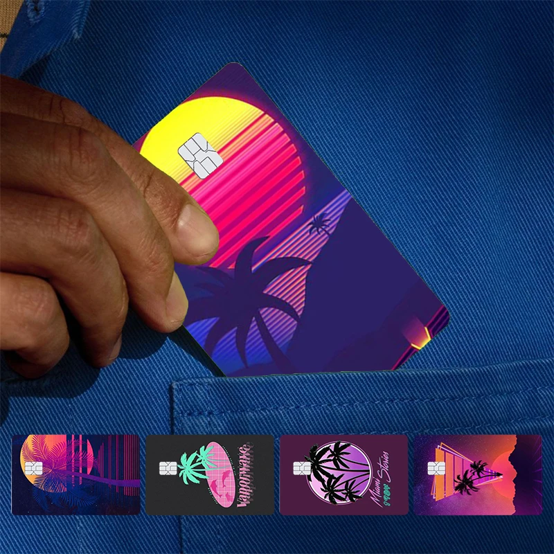 Ретроволновая печь 80-х годов, неоновые пальмы, крышка дерева, наклейка на кожу для кредитных карт, банковская дебетовая карта автобуса, передняя сторона