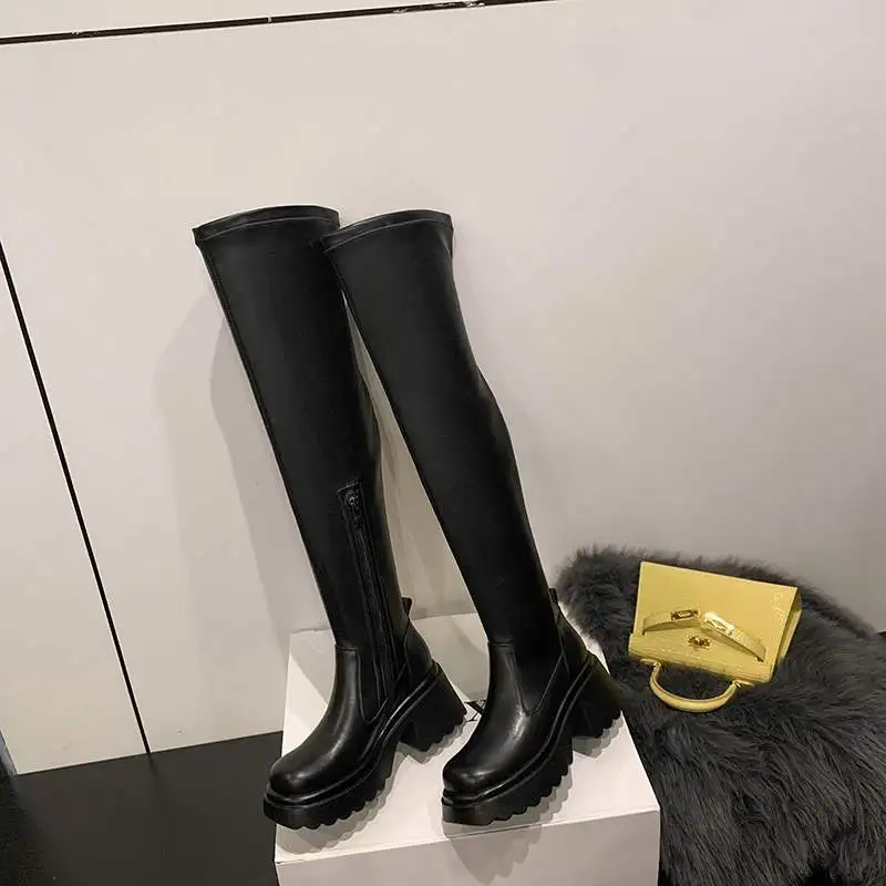 Krazing Pot Cow Leather Round Toe Thick High Heels Motorcycles Boots Winter Punk Design Keep Warm Elastic Over-the-knee Boots