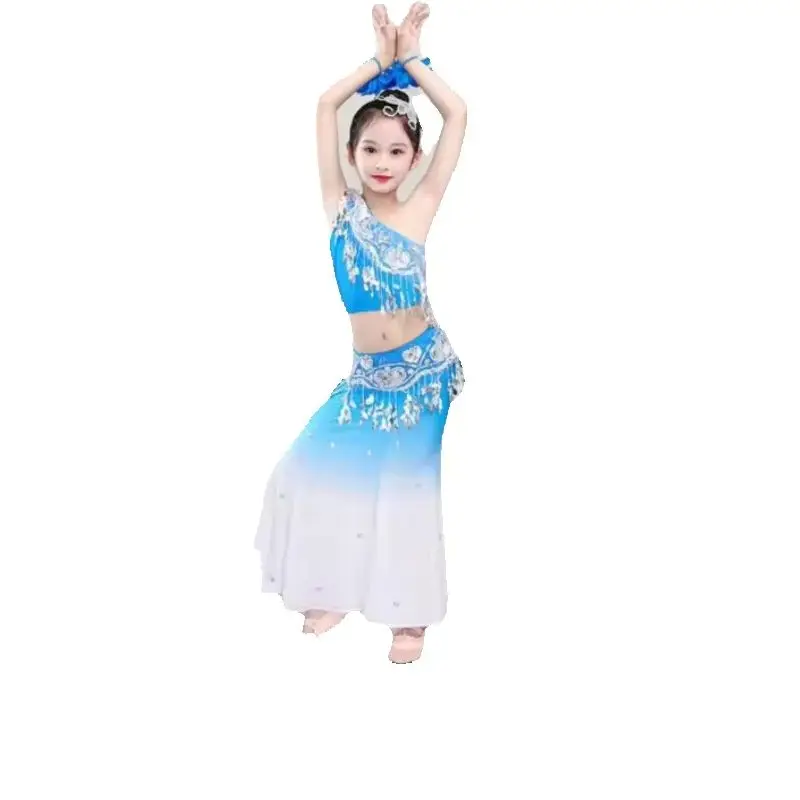 1set/lot children chinese folk dancing costume girl dai dance fishtail costumes top and skirt