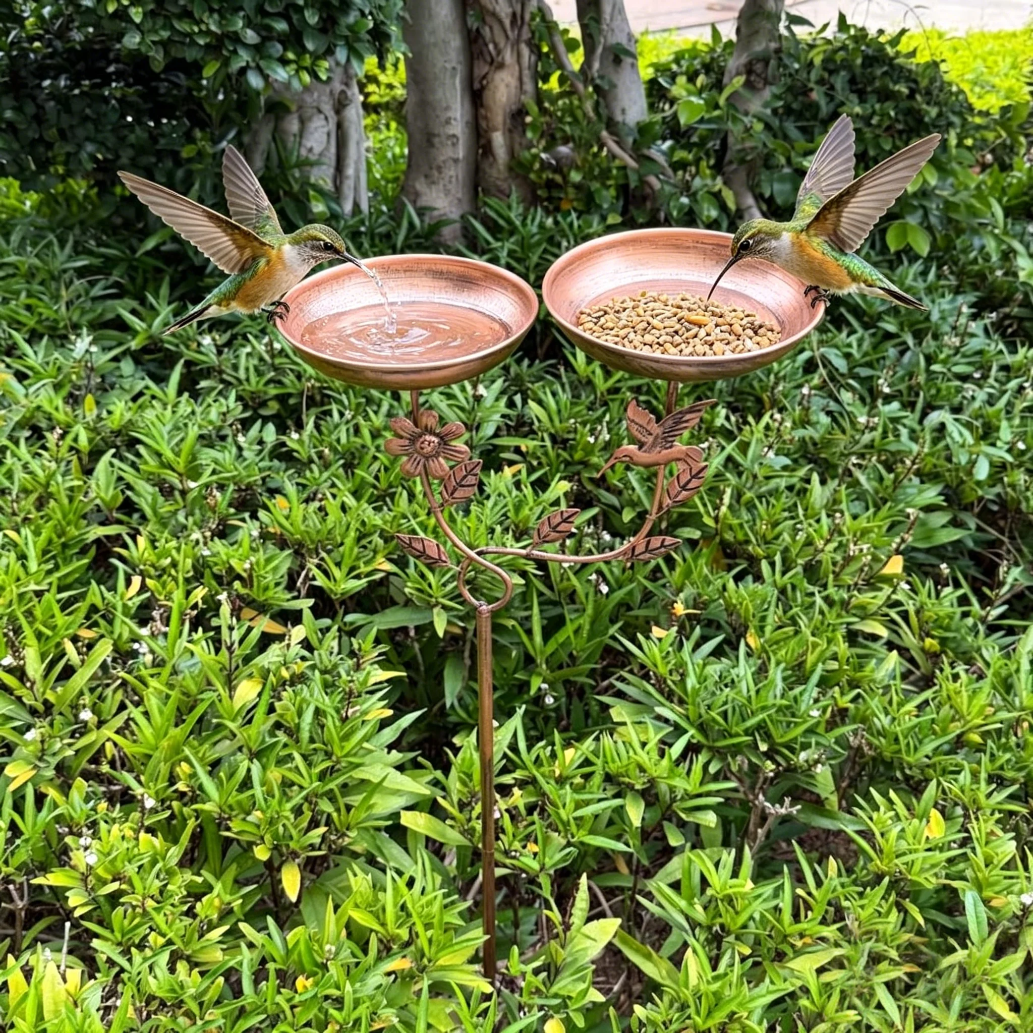 A Vintage Copper-Colored Five-Legged Floor-Standing Double-Basin Design That Combines Bird Feeding and Bird Bathing in One, Outdoor Garden Floor-Standing Bird Waterer, Rust-Proof Metal Feeder, Garden Lawn Bird-Watching Supplies, Removable and Washable