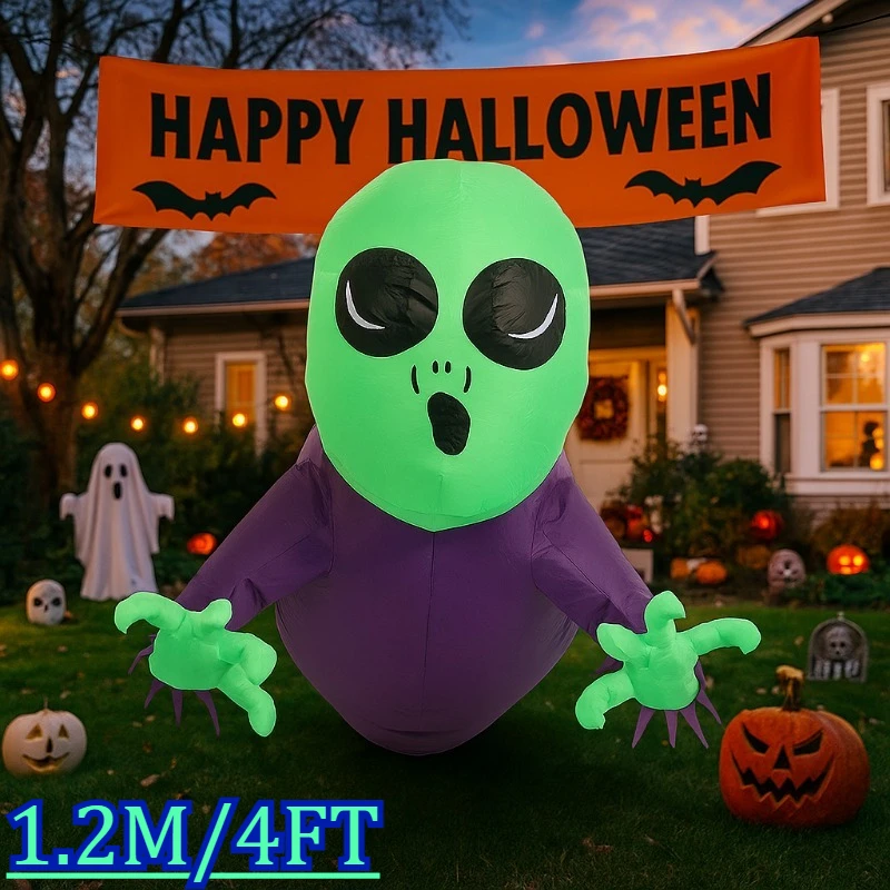 Giocattoli gonfiabili da 4FT Finestra da arrampicata di Halloween Fantasma con testa verde Luce a LED Cortile esterno Decorazione modello aterrorizzante incandescente