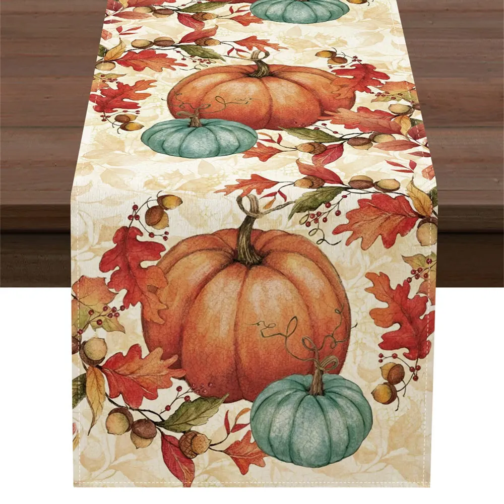 Linen Table Runner Gray Gingham with a Squirrel Pumpkin Cute Fall Table Decor Autumn Kitchen