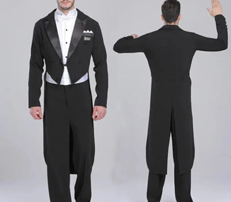 

Elegant Black Solid Men Suits 2 Piece Fashion Satin Peak Lapel Standard Dance Tailcoat Party Prom Male Suits Slim (Jacket+Pants)