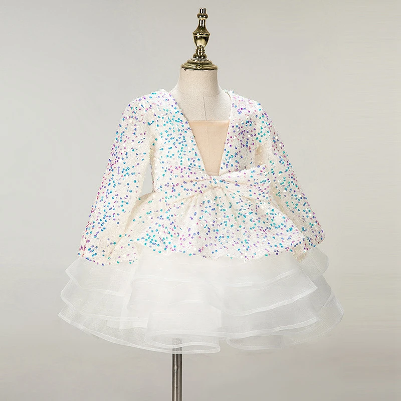 Robe de Soirée Courte en Velours Blanc et Rose pour Fille, Tenue Élégante de Luxe à Paillettes pour Enfant