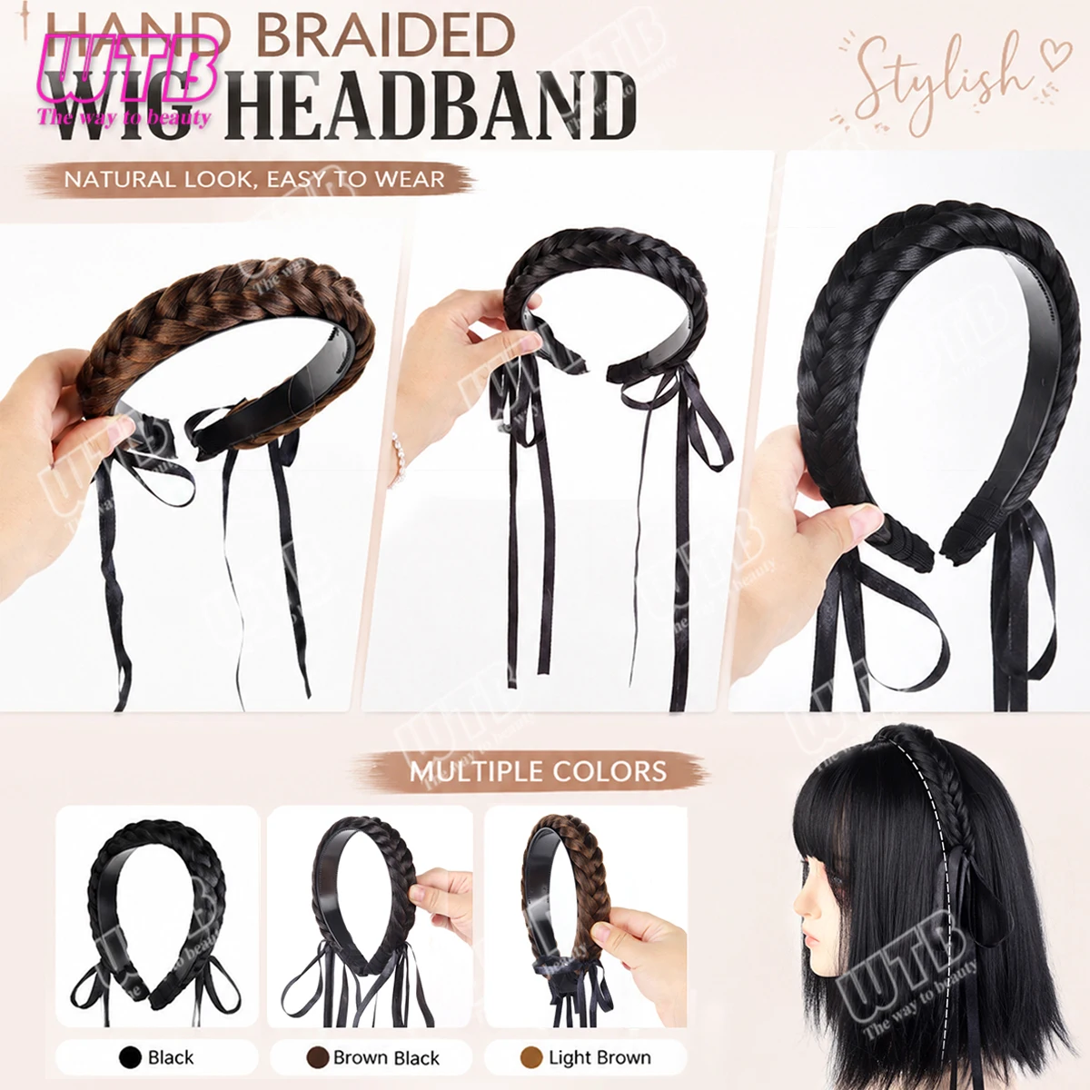 Synthetic Hand Braided Wig Headband with Ribbon Ties Braid Hair Hoop Stylish Hair Accessory for Women Wedding Daily Party Wear