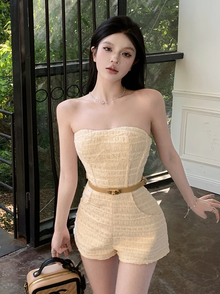 Elegant Retro Little Fragrance Style Shoulder Bared Strapless Shorts Sexy Slimming High Waist  Romper mid Waist